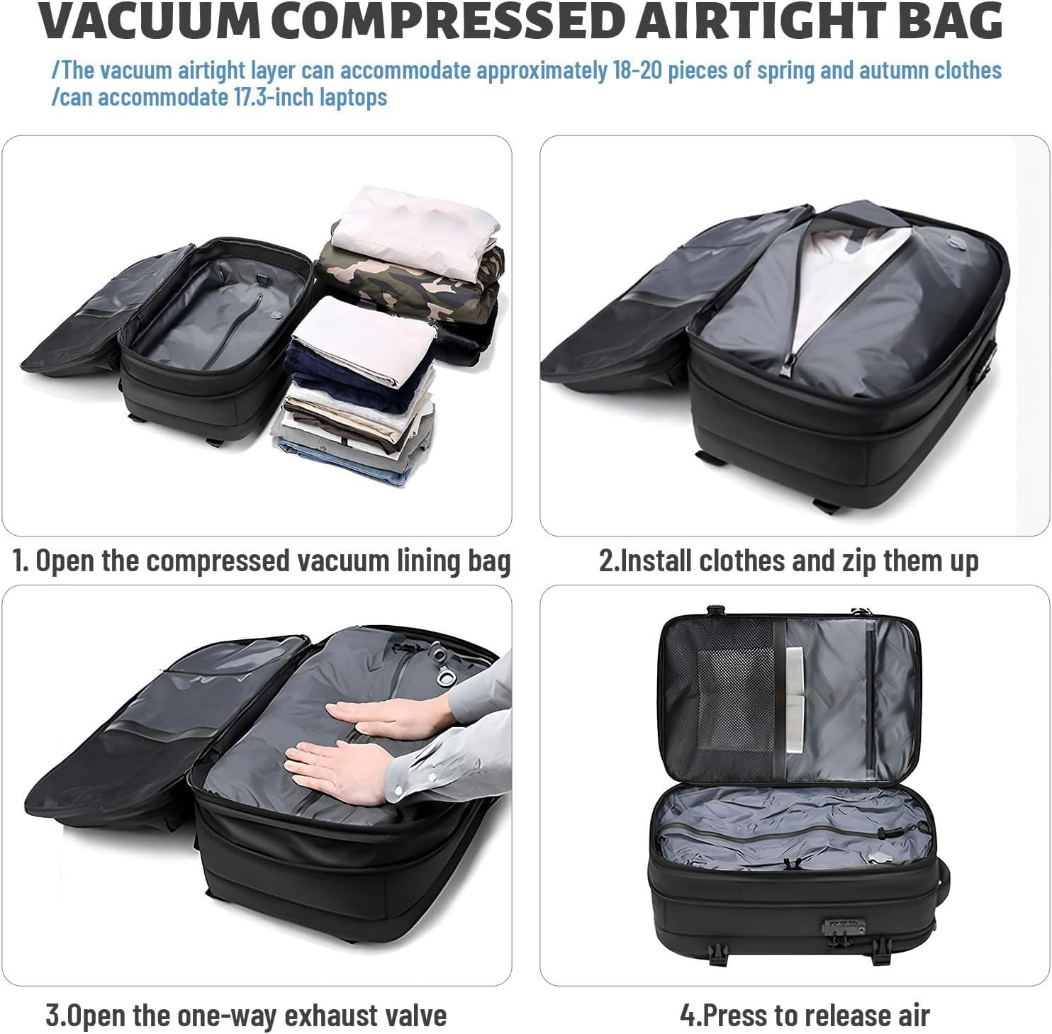 Vacuum Backpack Travel, 25L to 60L Expandable Travel Backpack, Water Resistant Vacuum Seal Compression Backpacks for Men Women, Carry on Back Pack for 17In Laptop, Business - Gray image number 5