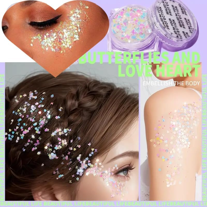 Face & Body Glitter Gel, 6 Shapes Festival Makeup Glitter, Chunky for Face Hair Nails, Holographic Cosmetic Laser Powder Festival Makeup (White, Glitter Gel) - Blue image number 2