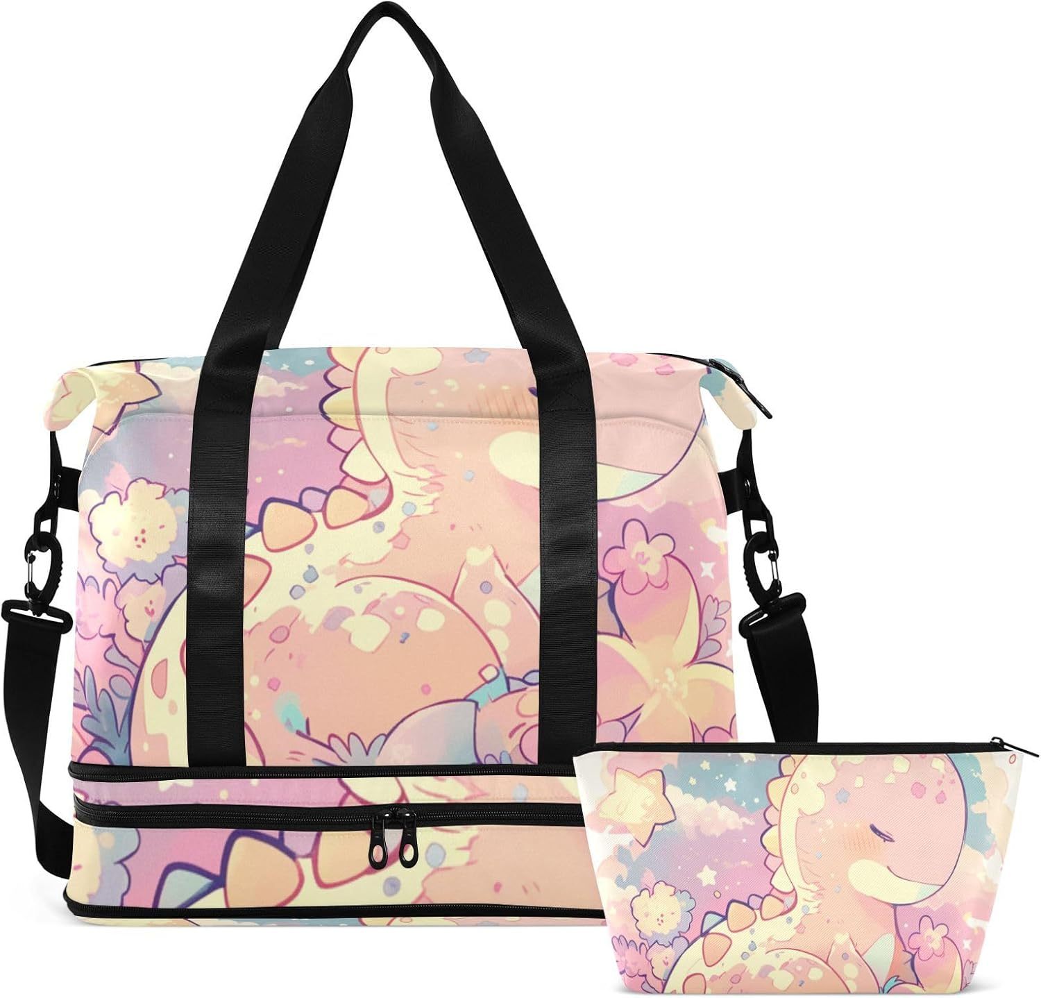 Cartoon Baby Dinosaur Childlike Doodle Style Pastel Colors Large Bag Travel Weekender Gear Bag with Adjustable Strap for Business Trips 2 Pcs Set, Cartoon Baby Dinosaur Childlike Doodle Style Pastel image number 1