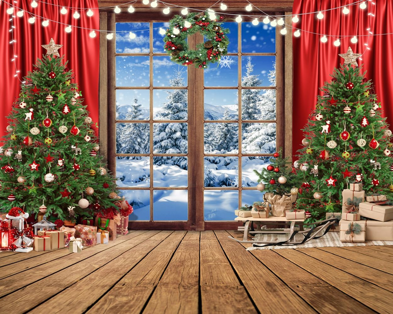 SJOLOON Christmas Backdrop Wood Floor Windows Snow Backdrop for Christmas Party Decoration Studio Props 12589 (10X10Ft) image number 6