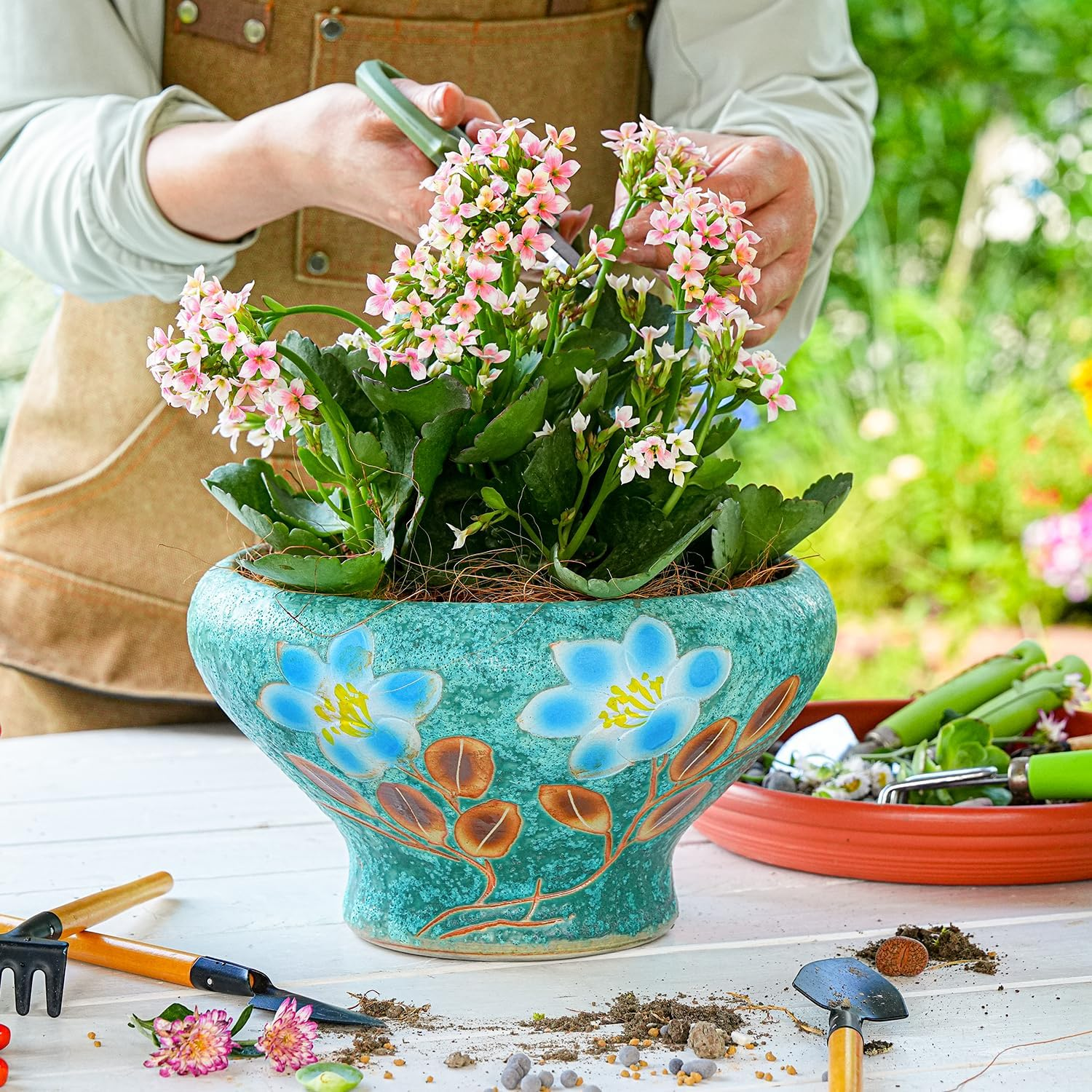 Sungmor Beautiful Handicrafts Ceramic Planters - 9.6 Inch Large Hand Painted Succulent Plant Pot with Drainage - Pretty Desktop Windowsill Landscape Flowerpot - Home & Office Decor Pots image number 3