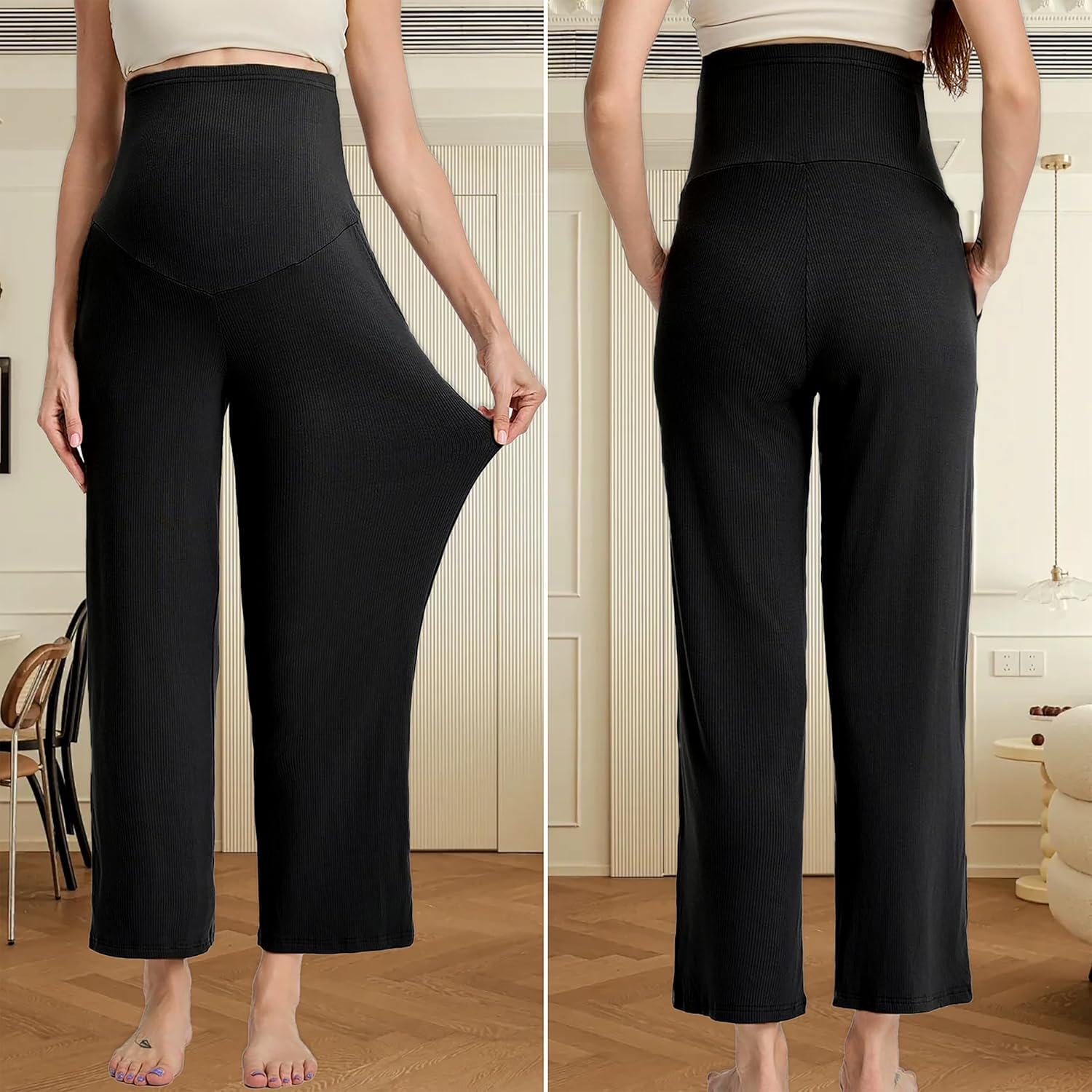 Liu & Qu Womens Maternity High Waisted Lounge Pants Casual Stretchy Ribbed Palazzo Pants Pregnancy Trousers with Pockets