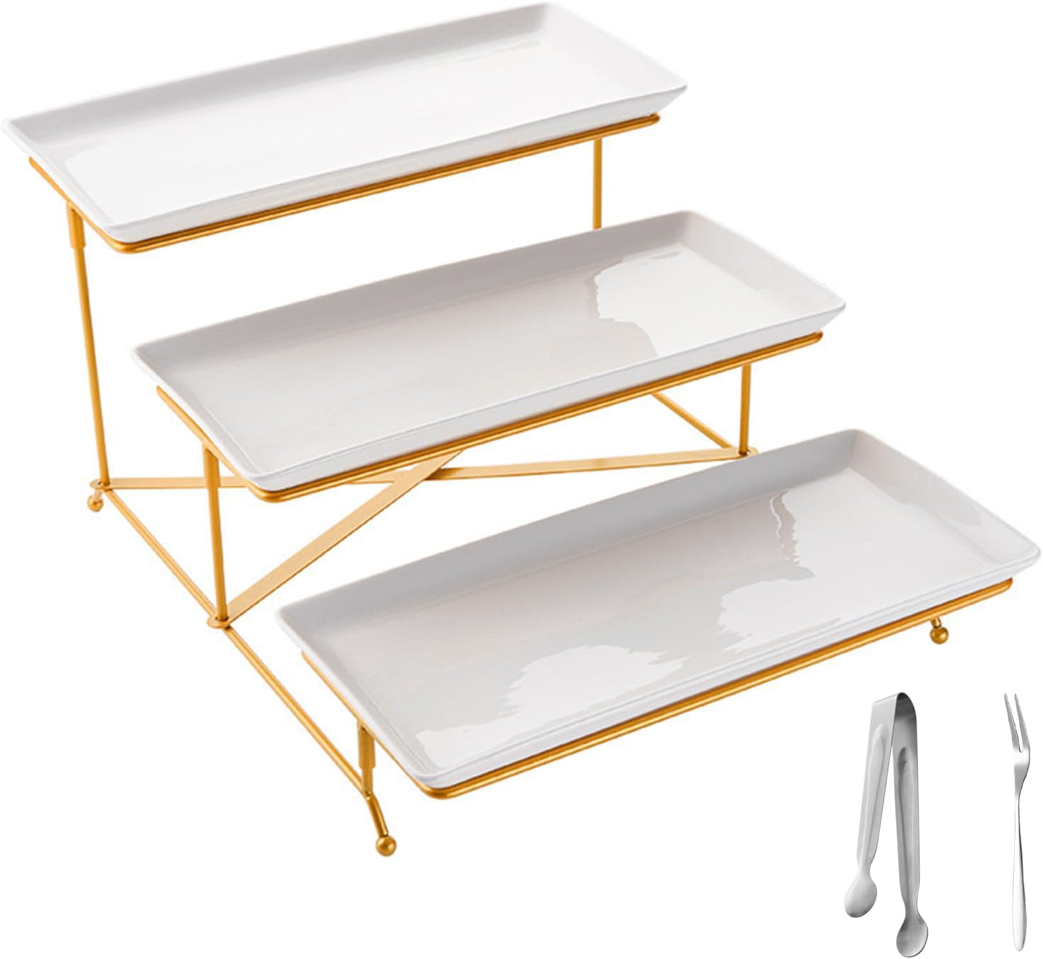 Top G 3 Tier Serving Tray with Stand,Cake Stands Porcelain Tiered Serving Platters Dishes with Collapsible Sturdier Rack, Dessert Display Stand for Party Entertaining, Food Presentation, Gold,14Inch image number 2