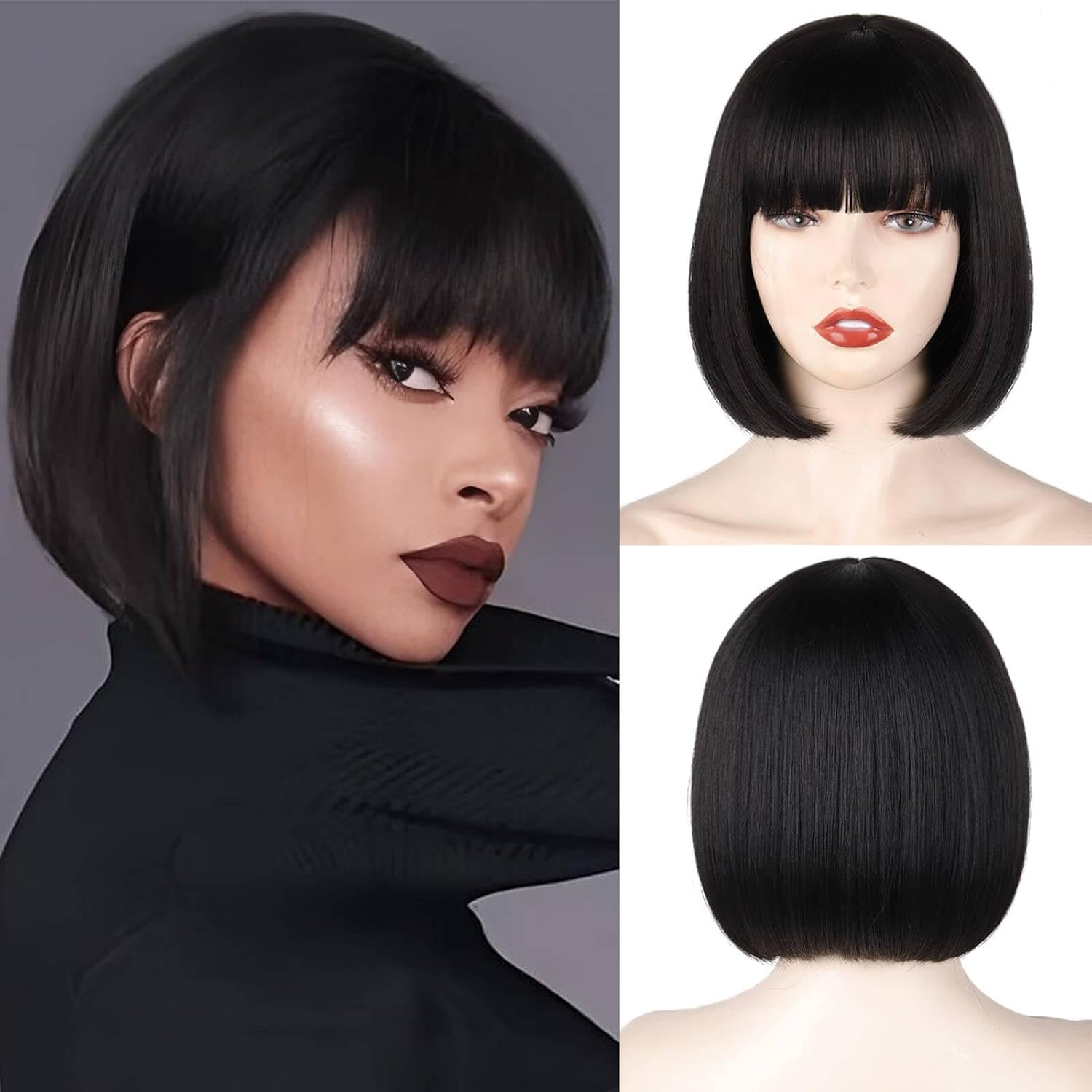 BECUS Short Brown Bob Wig with Bangs,Brown Straight Bob Wigs for Women,Brown Bob Wig Heat Resistant Fiber for Cospaly