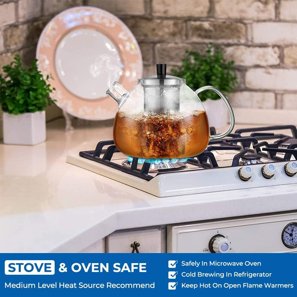 Ecooe 2000Ml(67Oz) Glass Teapot with Removable Stainless Steel Infuser for Stovetop Safe, Glass Blooming Tea Pot for Loose Tea, Glass Tea Kettle with Strainer, Large Clear Teapot for Tea Party - Silver Color image number 5