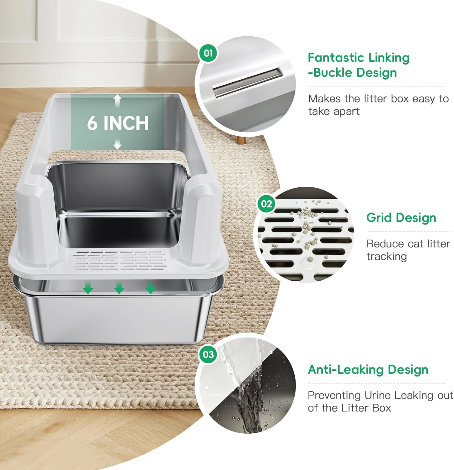 Stainless Steel Litter Box,Xl High Side Semi-Enclosed Cat Litter Box for Large Cats,Metal Cat Litter Pan with Scoop,Non Stain,Rusty and Sticky Metal Kitty Litter Box for Multiple Cats(White) image number 4