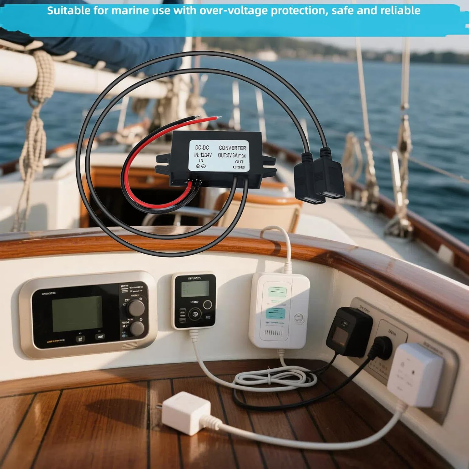 DC DC down Adapter 12V/24V to USB 5V 3A Converter Regulator Cable, 12V/24V to 5V Step-Down Converter, Non-Insulated Buck Power Converter (Input 8-32V) image number 1