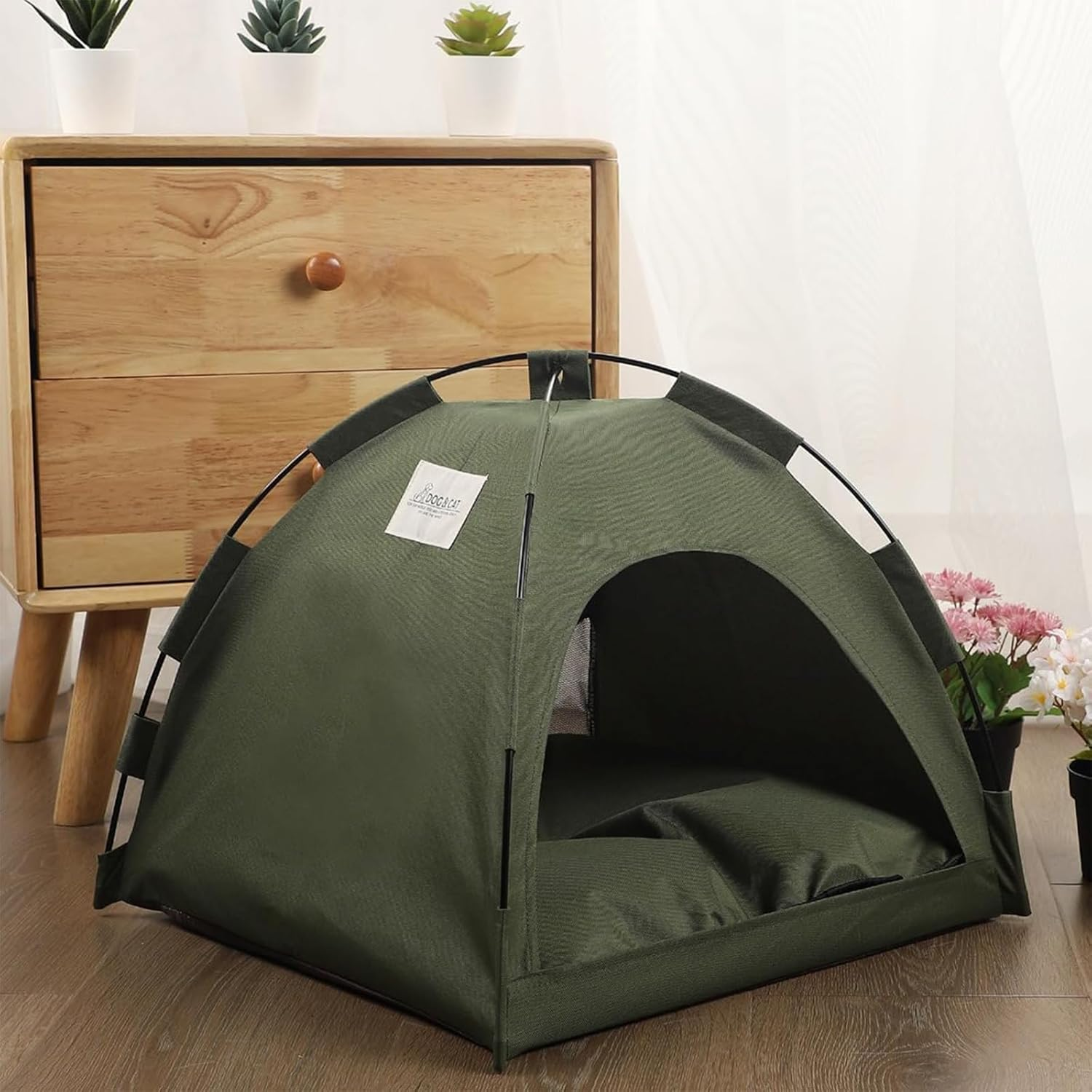 Cozioz Cute Pet Teepee Tent - Foldable Cat & Dog Bed with Thick Mat, Perfect for Indoor or Outdoor Use (Cats, Puppies, Bunnies) (Green, L) image number 3