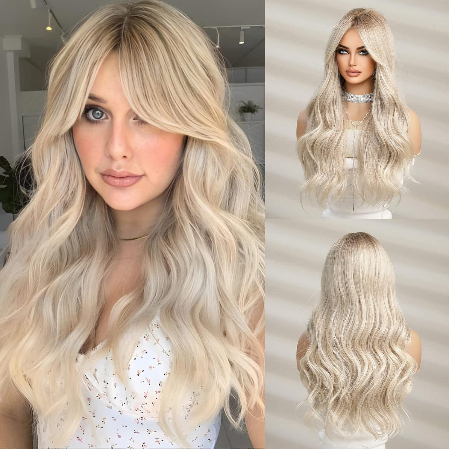 KIELO Long Wavy Synthetic Wig, Light Blonde, 66 Cm, Heat Resistant, Middle Part - Black image number 2