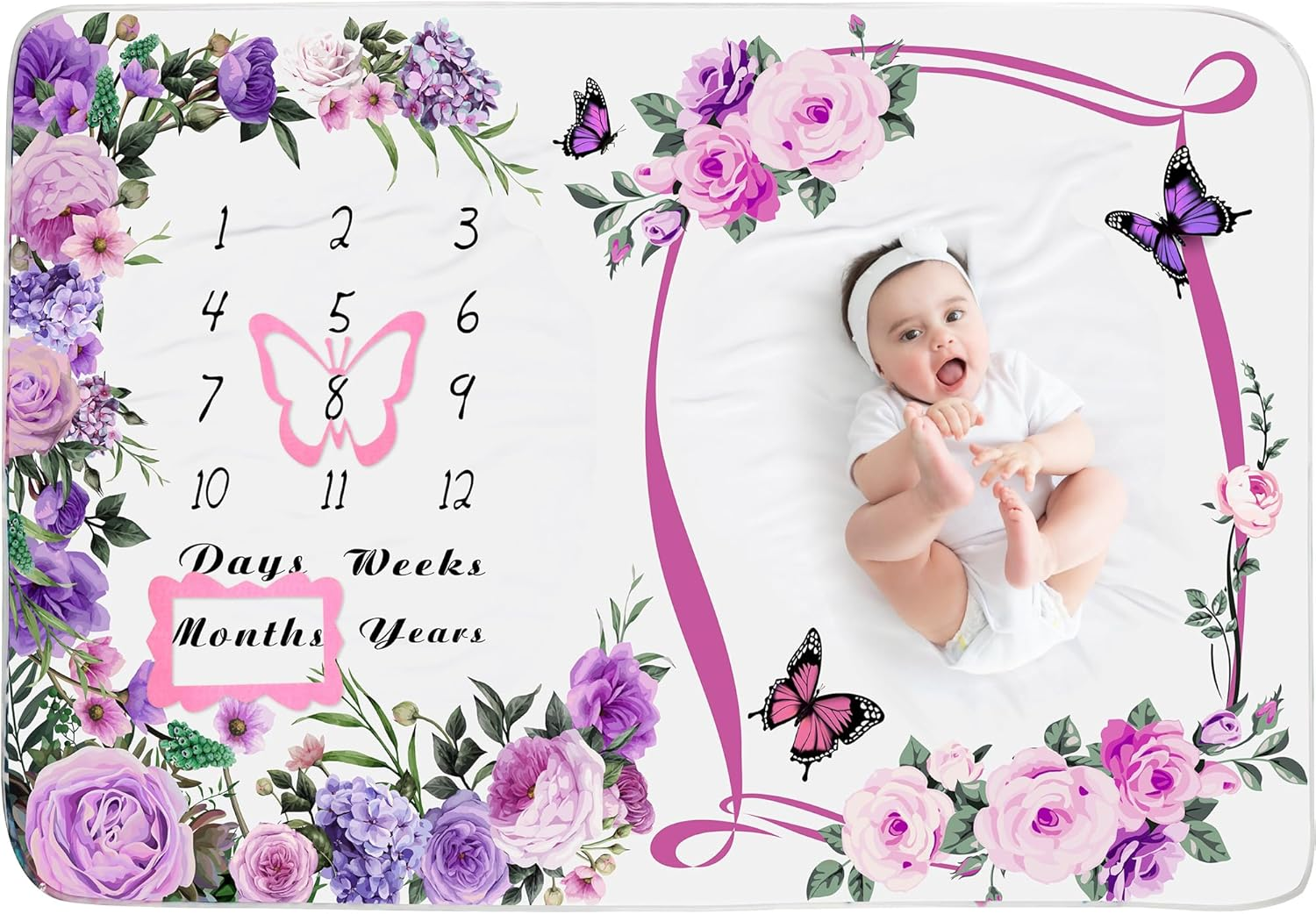 Chumia Baby Monthly Milestone Blanket - Floral Butterfly Design, Pink, 39"X59" - Flannel, Single Layered, Baby Milestone Blanket