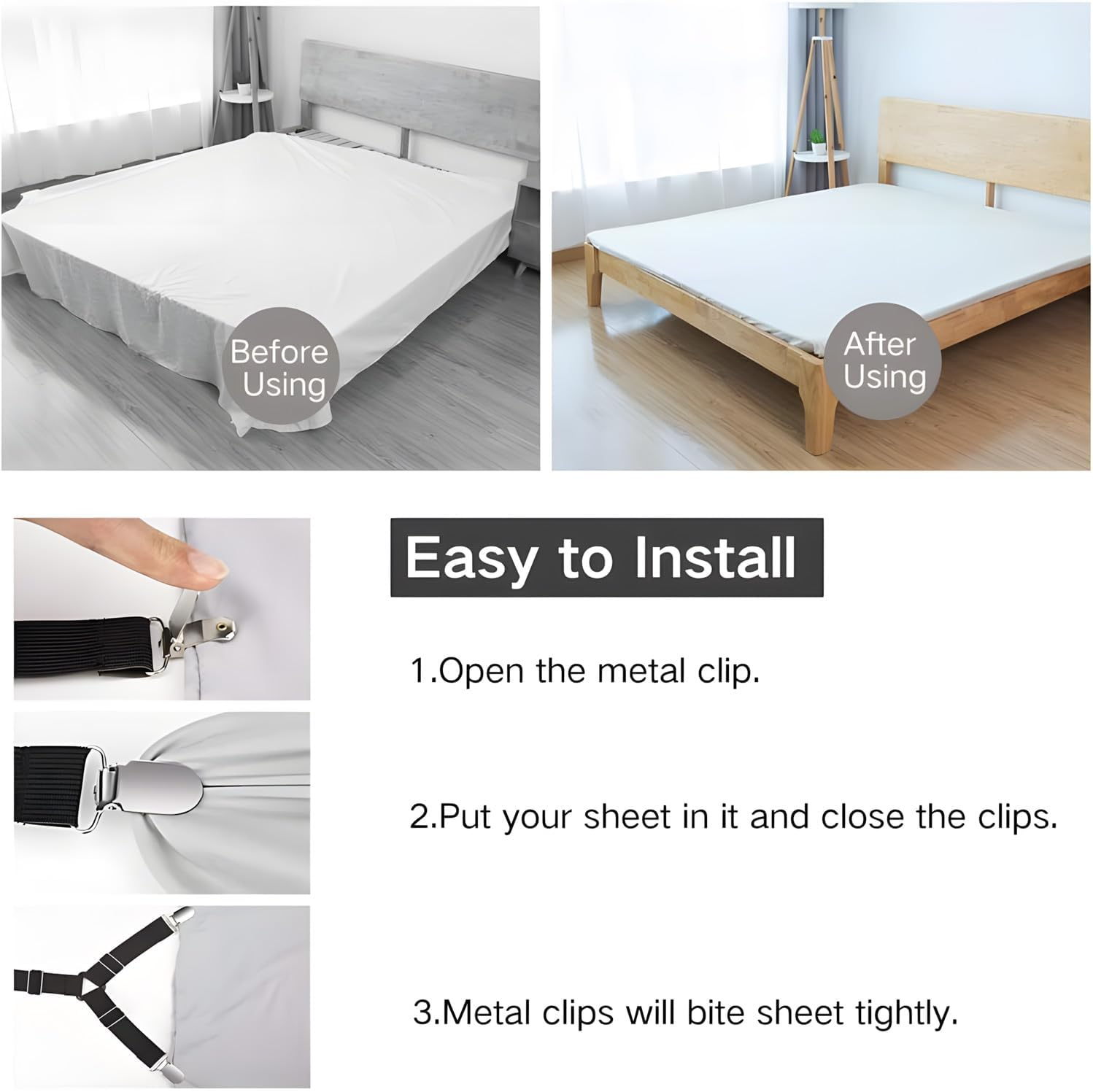 Bed Sheet Fasteners Holder Straps - Sheet Scrunchie with Elastic Bands and Corner Clips, Used for Bed Sheets, Mattress Covers, Sofa Cushion(Black, Pack of 4) image number 5