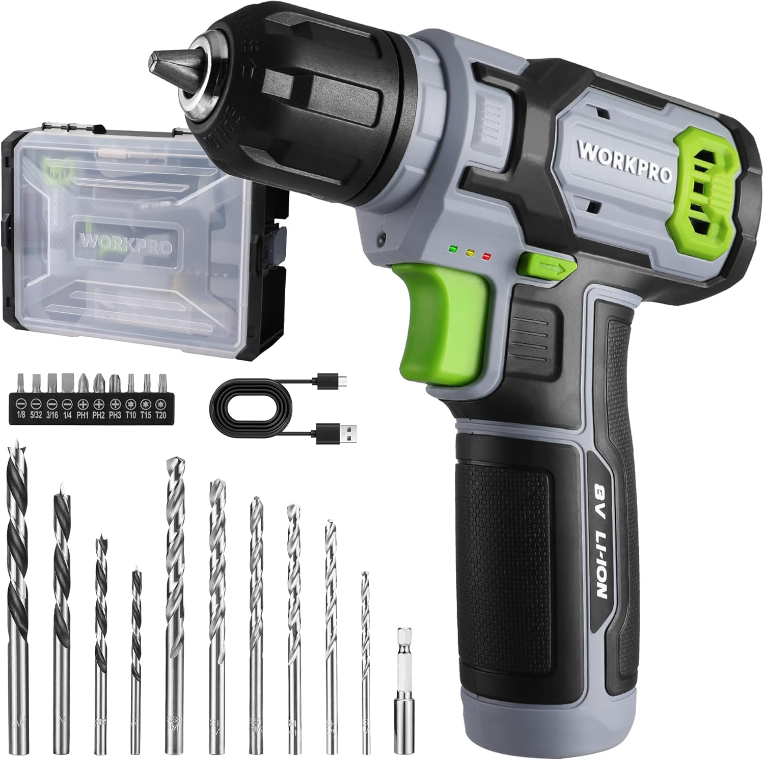 WORKPRO 8V Cordless Drill Driver Set, Electric Screwdriver 9.5 Mm Keyless Chuck, Max Torque 12 N&middot;M, 2 Ah Battery with 21 Pcs Accessories and Single Layer Stack & Carry Box, Ideal for Home DIY Project