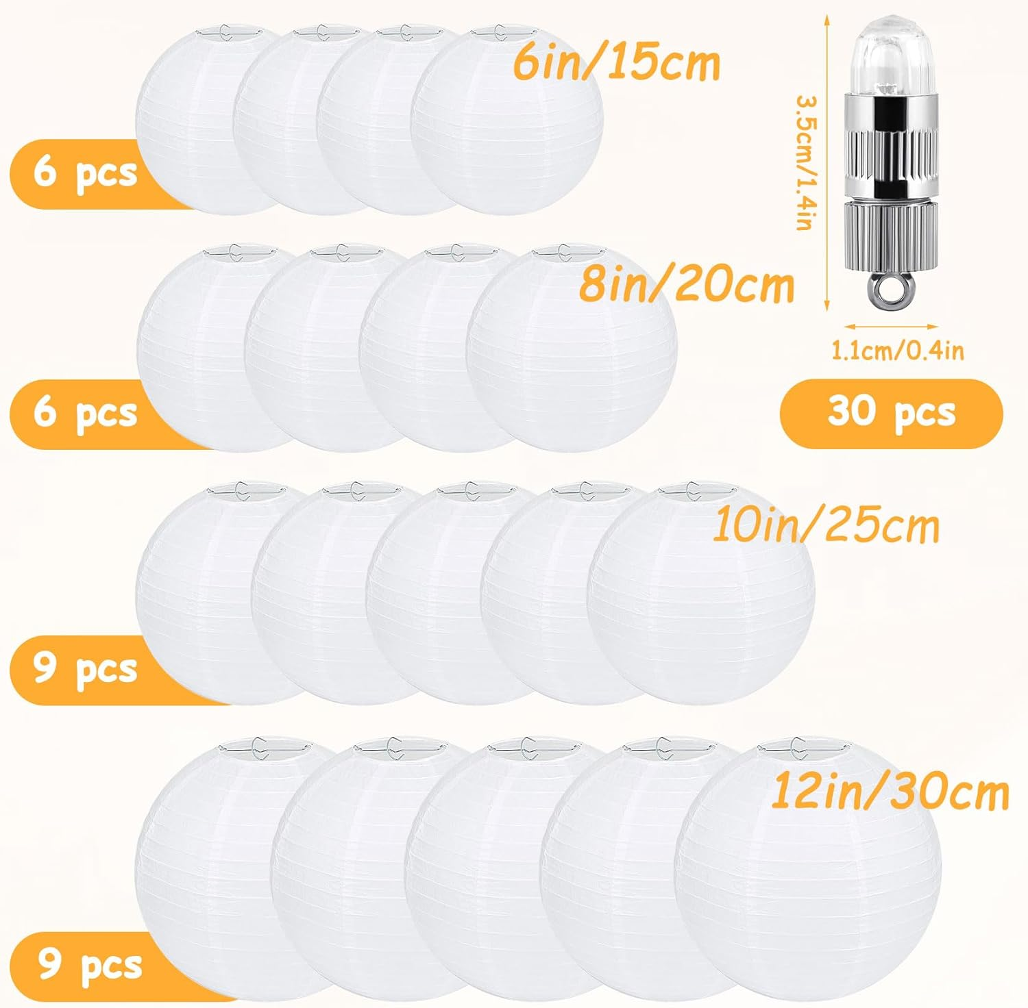 Pack of 30 Paper Lanterns, White with LED Lights, Hanging Paper Lanterns with 30 Warm White Mini LED Balloons Lights, round Paper Lampshade for Decoration, Wedding, Garden Party (Diameter 15 image number 3