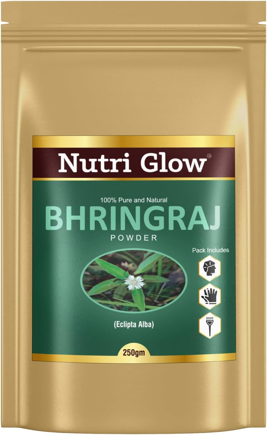 Nutri Glow Bhringraj Powder 250G - Pure and Potent Herbal Hair Care Supplement for Healthy Tresses