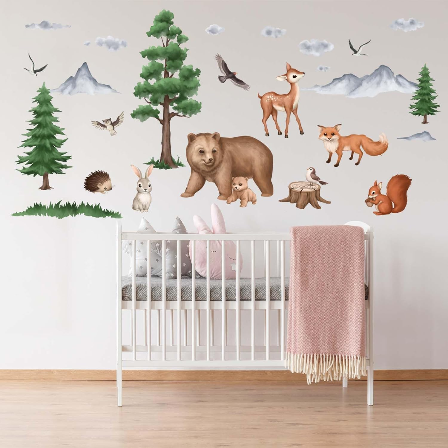 Woodland Animals Wall Stickers - Bear Fox Squirrel Birds Deer Rabbit Baby Nursery Wall Decals - Kids Bedroom Daycare Playroom Classroom Wall Decor