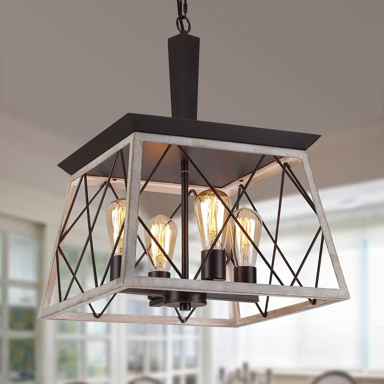 USOR Farmhouse Chandelier 4 Lights Rustic Vintage Pendant Lights L38Xh47Cm Lantern Ceiling Light Fixture Industrial Island Light Chandeliers for Kitchen Island Dining Room Living Room Bulbs Included