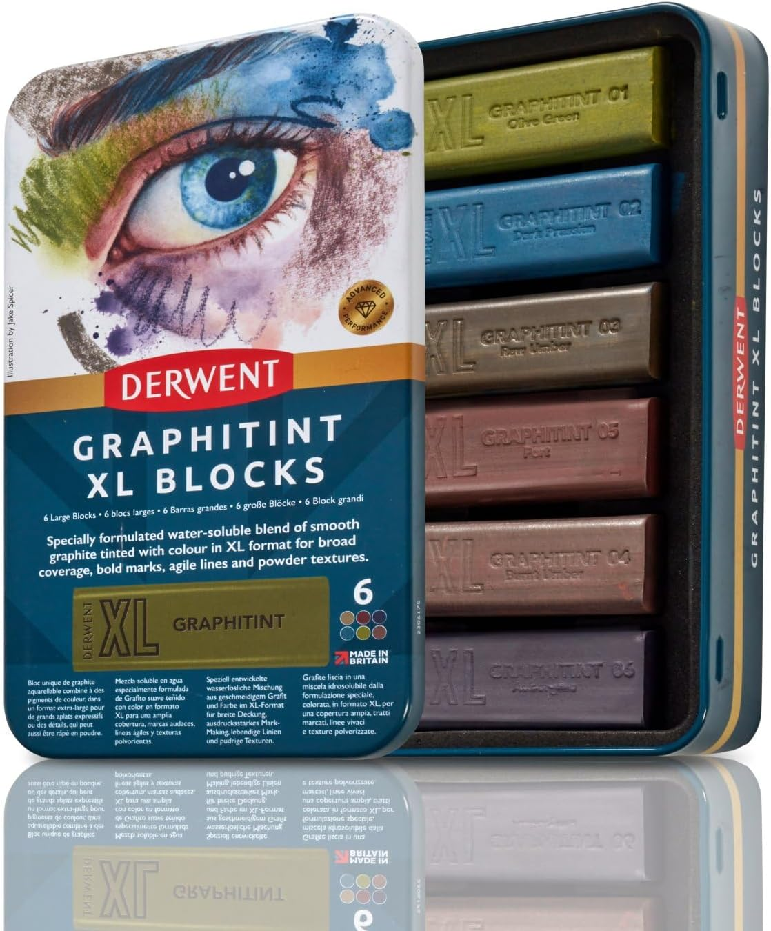 Derwent Graphitint XL Blocks 6 Tin, Set of 6, 60Mm Extra-Large Block, Water-Soluble, Ideal for Sketching, Drawing and Expressive Mark Making, Professional Quality (2306175) image number 1