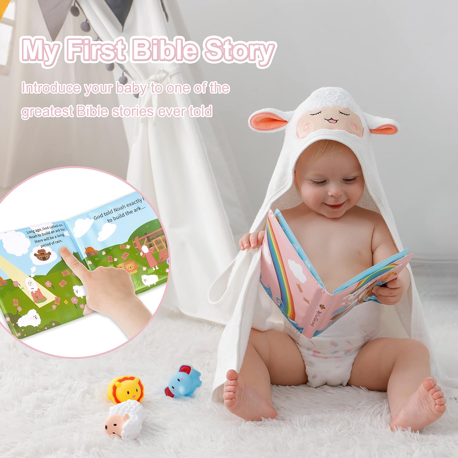 My First Noahs Ark 7 Pcs Baptism Gift Set, Dedication, Christening and Baptism Gifts for Girl and Newborn Baby, Includes Bamboo Washcloth and Hooded Towel, Baby Bath Book, 3 Bath Toys and Gift Bag image number 1