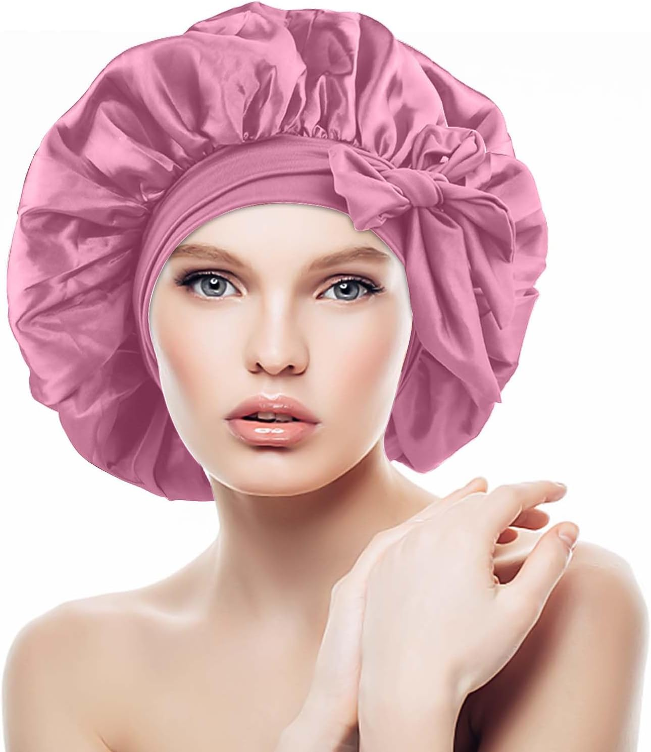 Satin Bonnet Sleep Cap, Silk Adjustable Sleep Cap, Elastic Shower Cap, Headscarf Sleeping, Bonnet Silk Hood for Sleeping, Soft, for Sleep, Shower, Hair Care, Spa, Hairdressing Salons (Pink) image number 2