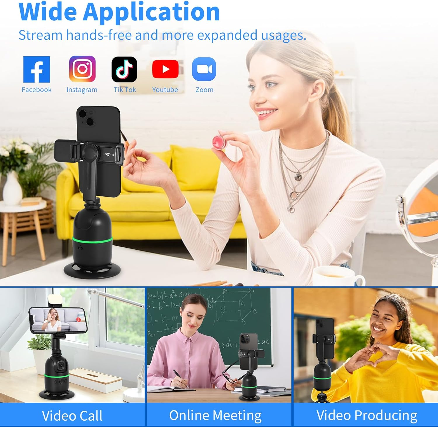 Kozyone Auto Face/Body Tracking Tripod, No App Required, 360&deg; Rotation Phone Holder with Fill Light, Auto Tracking Phone Stand, Smart Gesture Control, for Vlog, Tiktok, Streaming, Zoom image number 1