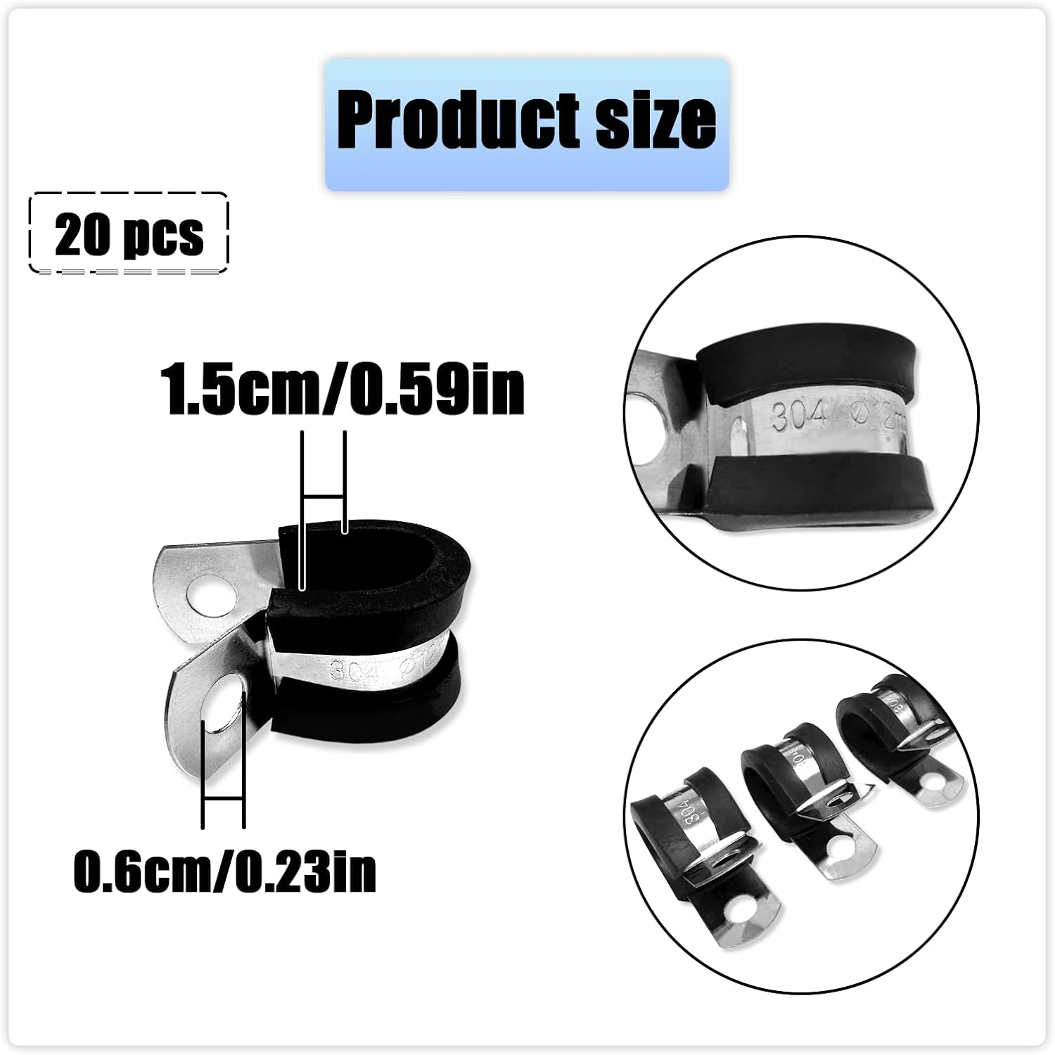 HAIKING Stainless Steel Cushioned R Shape Clamps, 20 PCS Insulated Wire Clamps for Protecting Pipes, Cables (15 Mm/0.59 In) image number 3