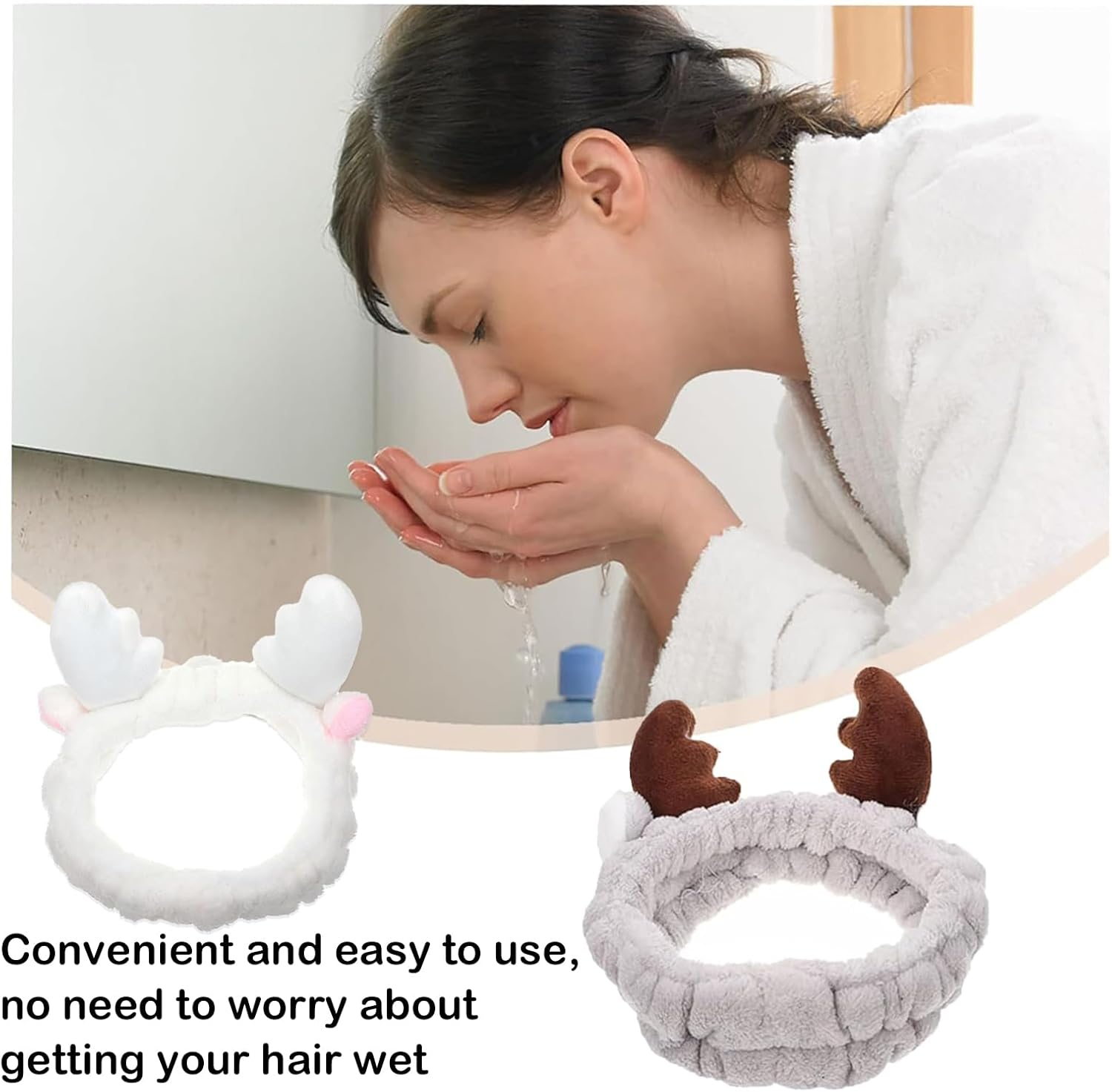 Pack of 2 Hair Bands, Cosmetics, Coral Fleece Makeup Hair Bands, Elastic, Cosmetic Headband, Wide Brim, Coral Fleece, Washing Face Head Wrap for Shower, Skin Care, Make-Up, Sports (White + Coffee) image number 4