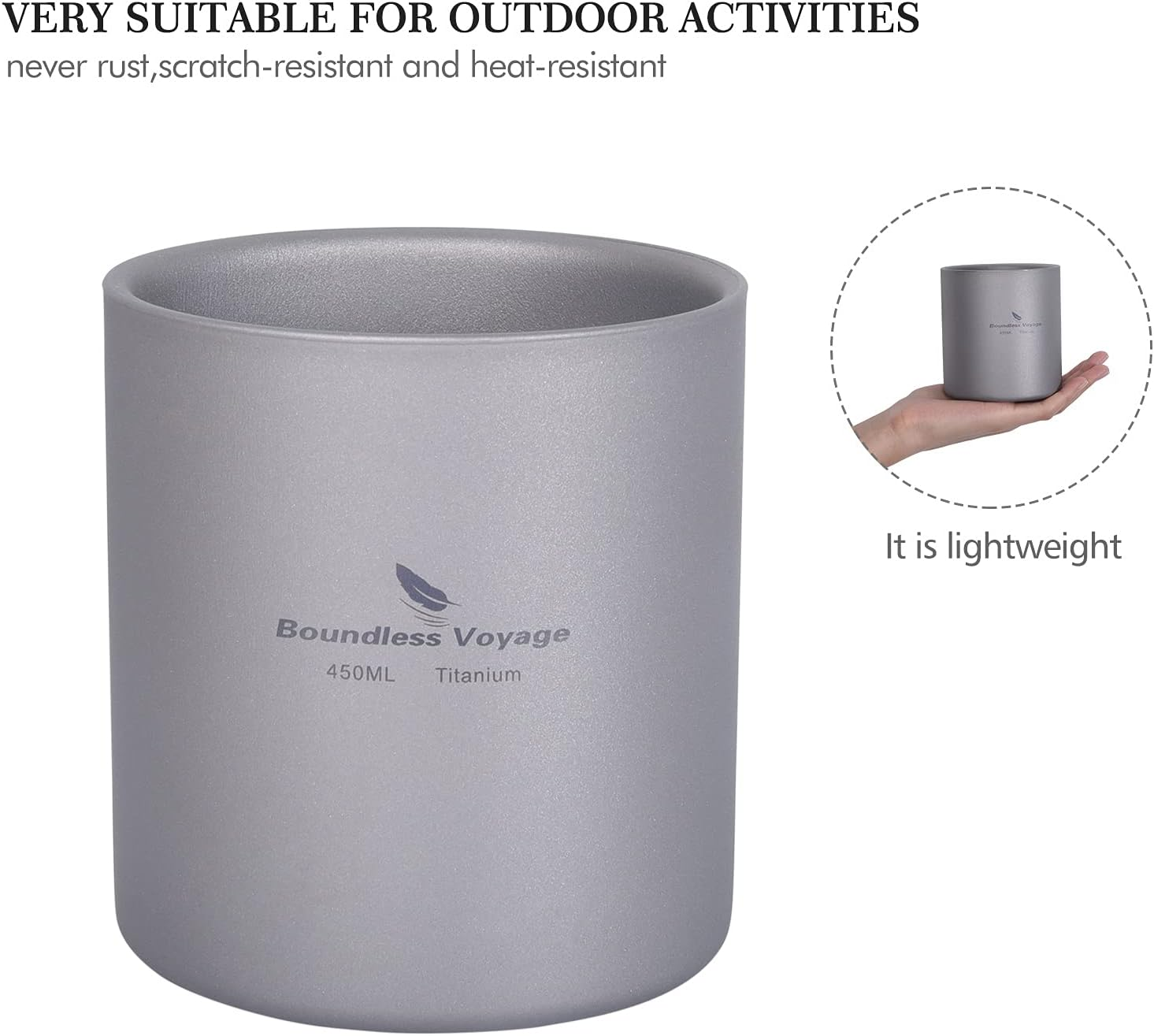 Boundless Voyage D-Ti3030D Titanium Mug, Mini Insulated Double-Walled Cup, Outdoor Camping, Foldable Coffee Tea Drinkware, Lightweight, Durable Tableware for Daily Used Hiking, 450 Ml - Ti3030D 450 Ml image number 4