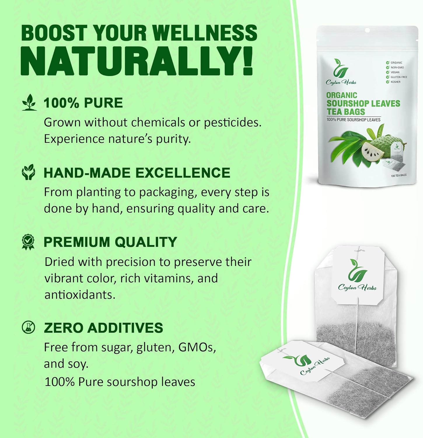 Top 50 Soursop Graviola Leaves Tea Bags, Pure, Organic, Non-Gmo, Handmade, Made with Natural Materials- Biodegradable Tea Bag, Made of 100% Soursop Leaf image number 2