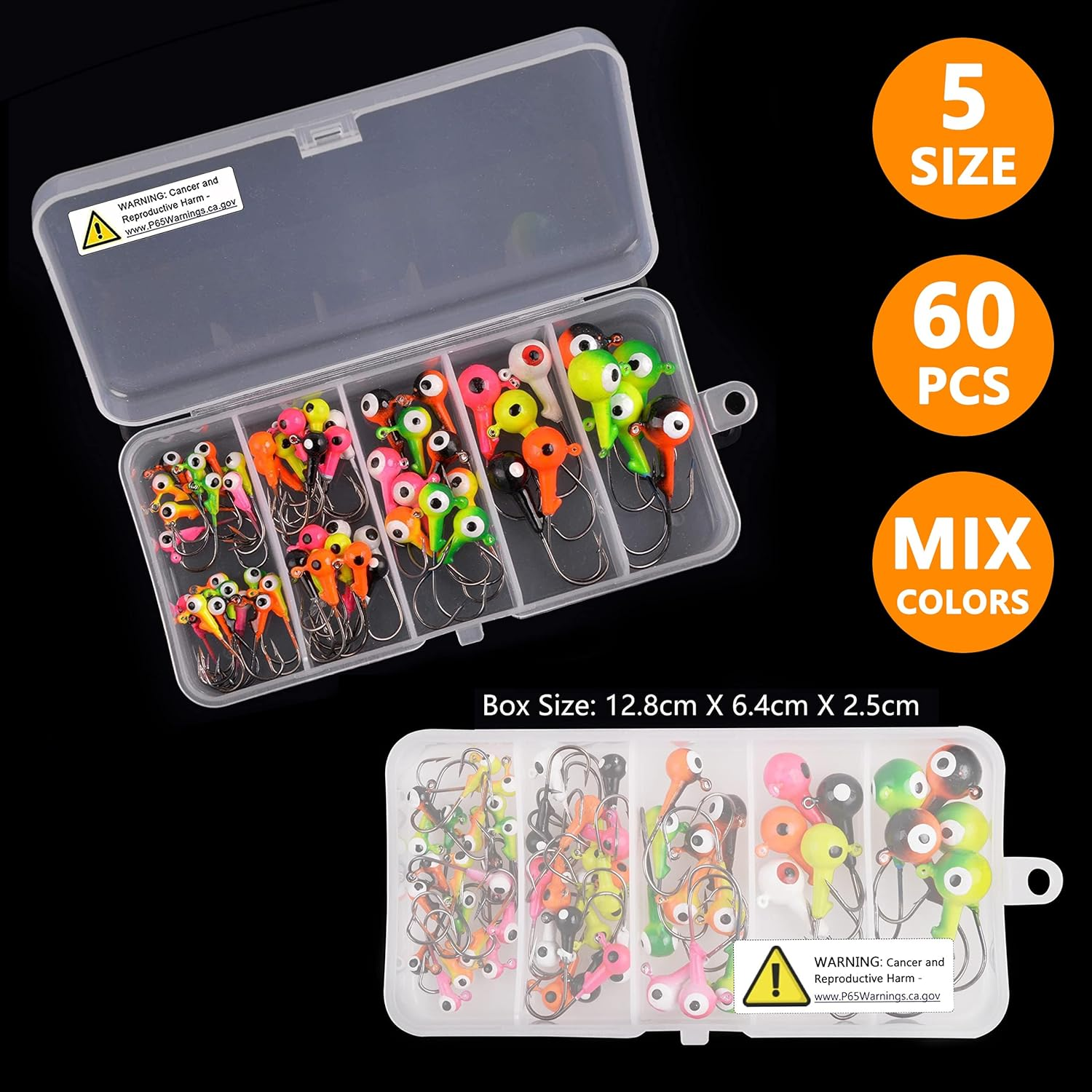 Fishing Jig Head Hooks Set, 60Pcs Fishing Lures Jig Head Bait Assorted round Head Jig Hooks for Soft Worm Shrimp Lures Freshwater Saltwater Fishing Tackle Kit image number 1