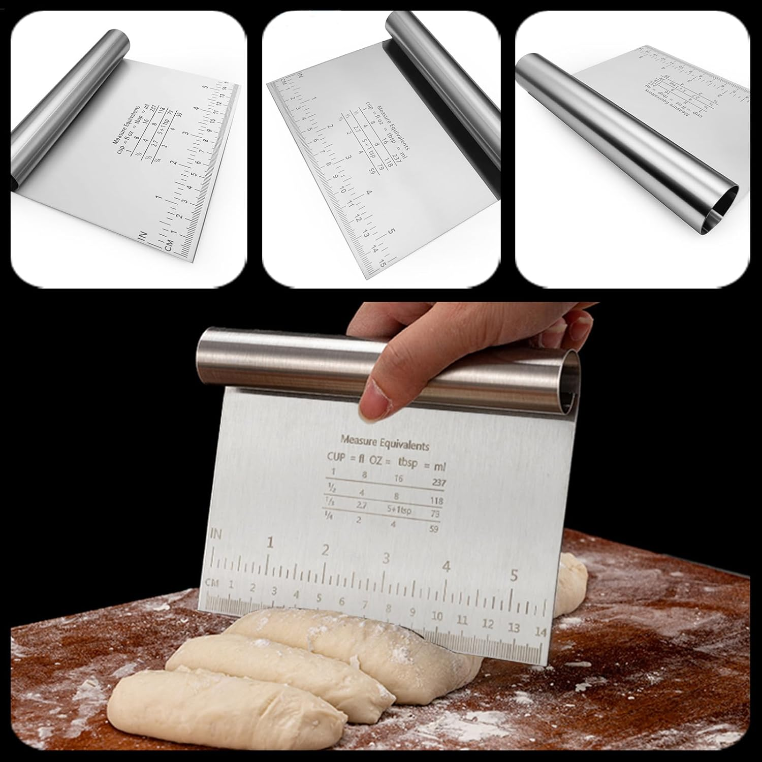 NASHRIO 2 Pcs Multi-Purpose Scraper Stainless Steel Dough Pastry Scraper/Cutter/Chopper with Measuring Scale Set for Baking, Cooking, and Dishwasher Safe (Silver) image number 5