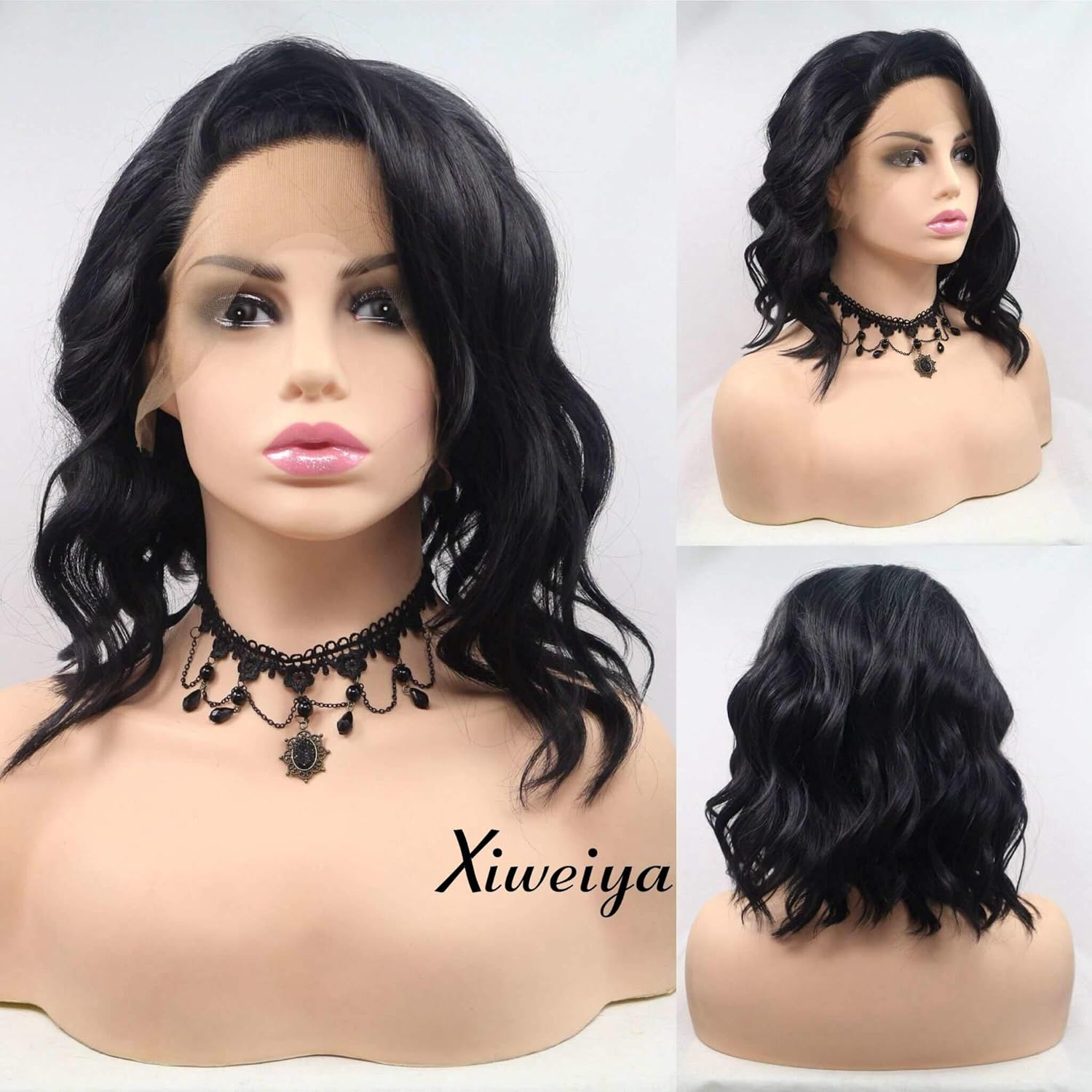Xiweiya 16" Natural Brown Wavy Wig Synthetic Lace Front Wigs Middle Part Brunette Hair Short Soft Curly Wig Hair Replacement Wig for Women, Drag Queen Makeup