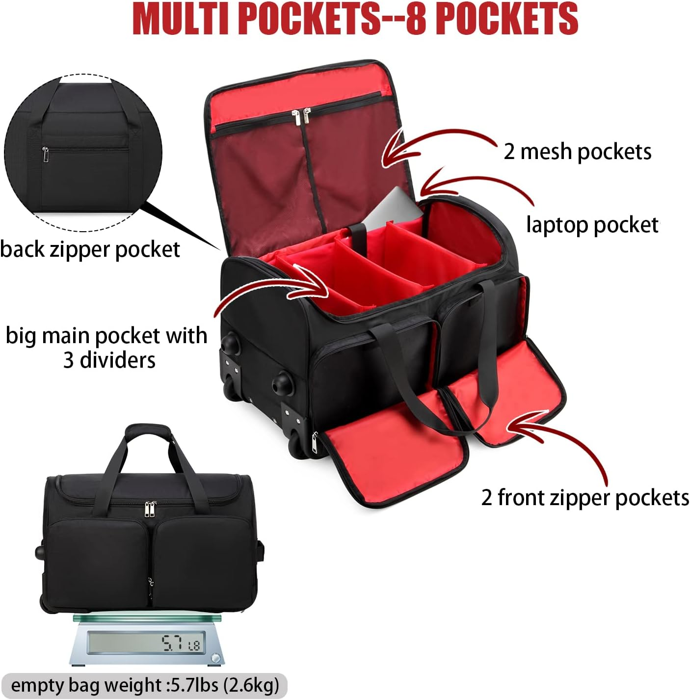 Sneaker Bag Travel Shoes Duffel Bag Men Women Gym Sport Luggage Duffle Carrying Case Bag Divider Adjustable Compartment Portable Soccer Athletic Shoes Carrier Heavy Duty Traveling Accessories - Black With Wheels image number 2