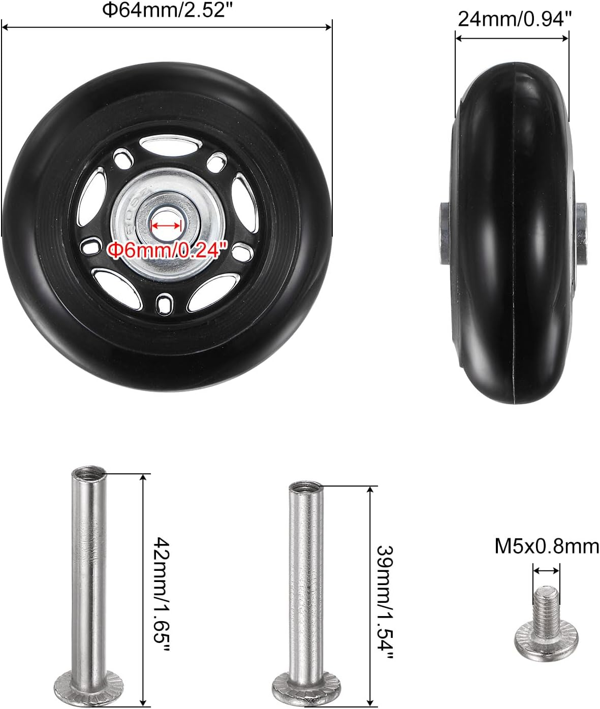 Sourcing Map Replacement Luggage Wheels 64X24Mm Suitcase Wheel Repair Kits Include 2 PU Bearing Wheels & Washers, Wrenches & Axle Screw for Trolley Bag, Inline Skate and Caster Board image number 3