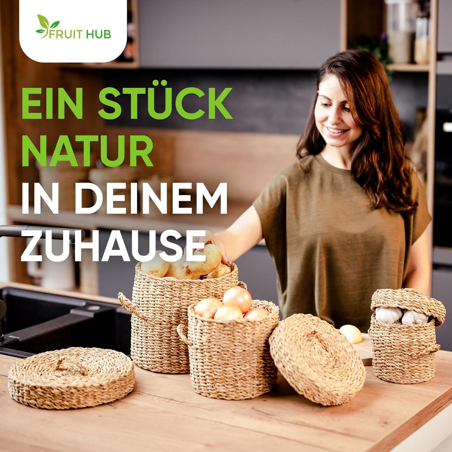 Fruit Hub&reg; Seagrass Potato & Onion Storage Box - Set of 3 Natural Vegetable Containers - Breathable & Lightproof - Sustainable Kitchen Organisation image number 5