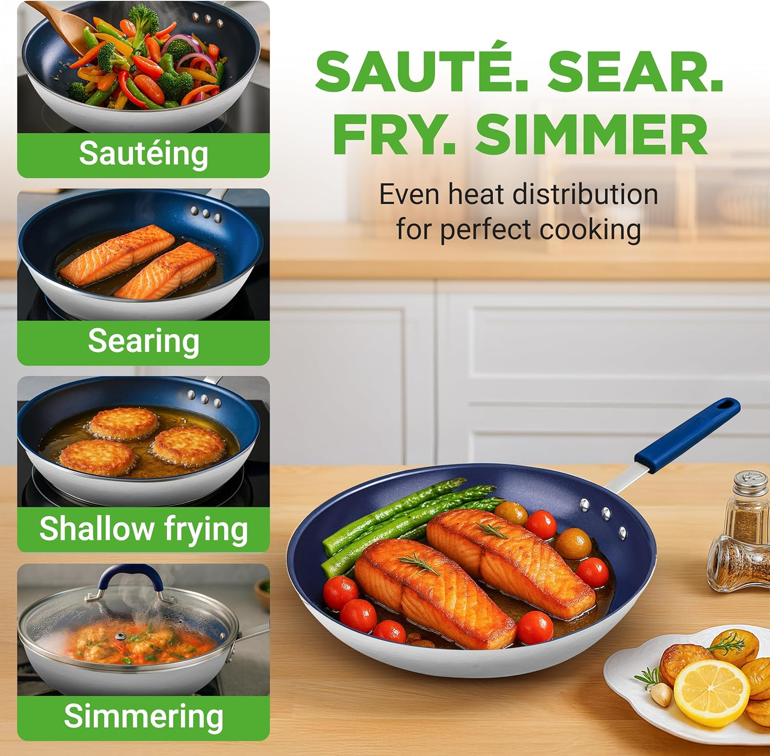 Nutrichef 10" Fry Pan with Lid - Medium Skillet Nonstick Frying Pan with Silicone Handle, Ceramic Coating, Blue Silicone Handle, Stain-Resistant and Easy to Clean, Professional Home Cookware image number 2