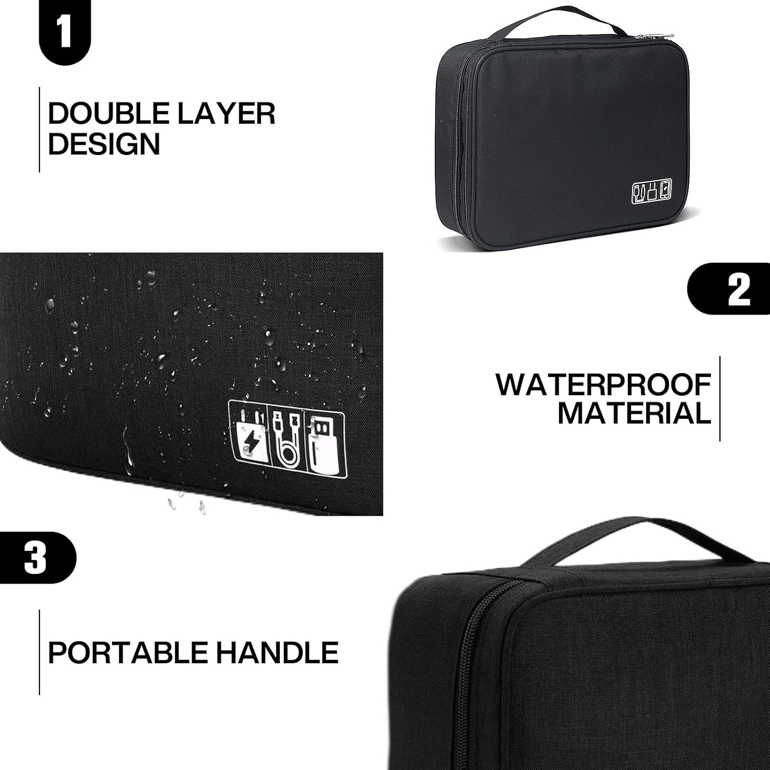 Spardar Cable Organizer, Electronic Organizer Case Universal Travel Bag Electronics Accessories Cases for Cables, Chargers, Earphones, Mouse, Power Bank, SD Card (Black) image number 4