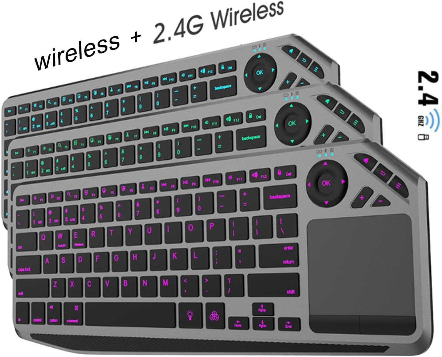 Wireless Touch TV Keyboard, 7-Colors Backlit Bluetooth Keyboard with Easy Media Control and Built-In Touchpad, Connect 3 Devices Simultaneously, for PC, TV, Android & Wins image number 3