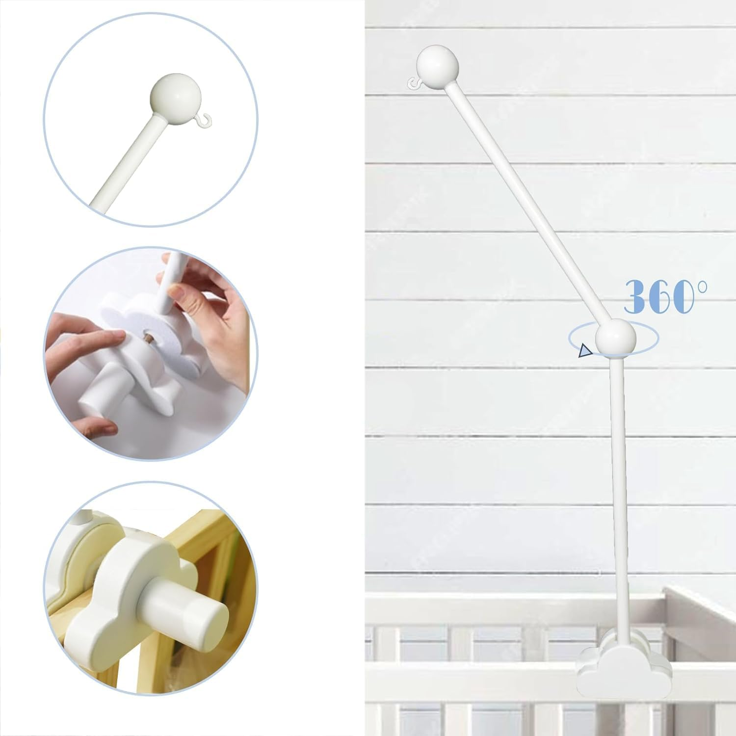 Baby Crib Mobile Arm,Wooden Baby Crib Mobile Holder,Cot Hangingarm Wooden,Adjustable Hanger for Nursery Decor Mount Bed Bell Holder(White) image number 2