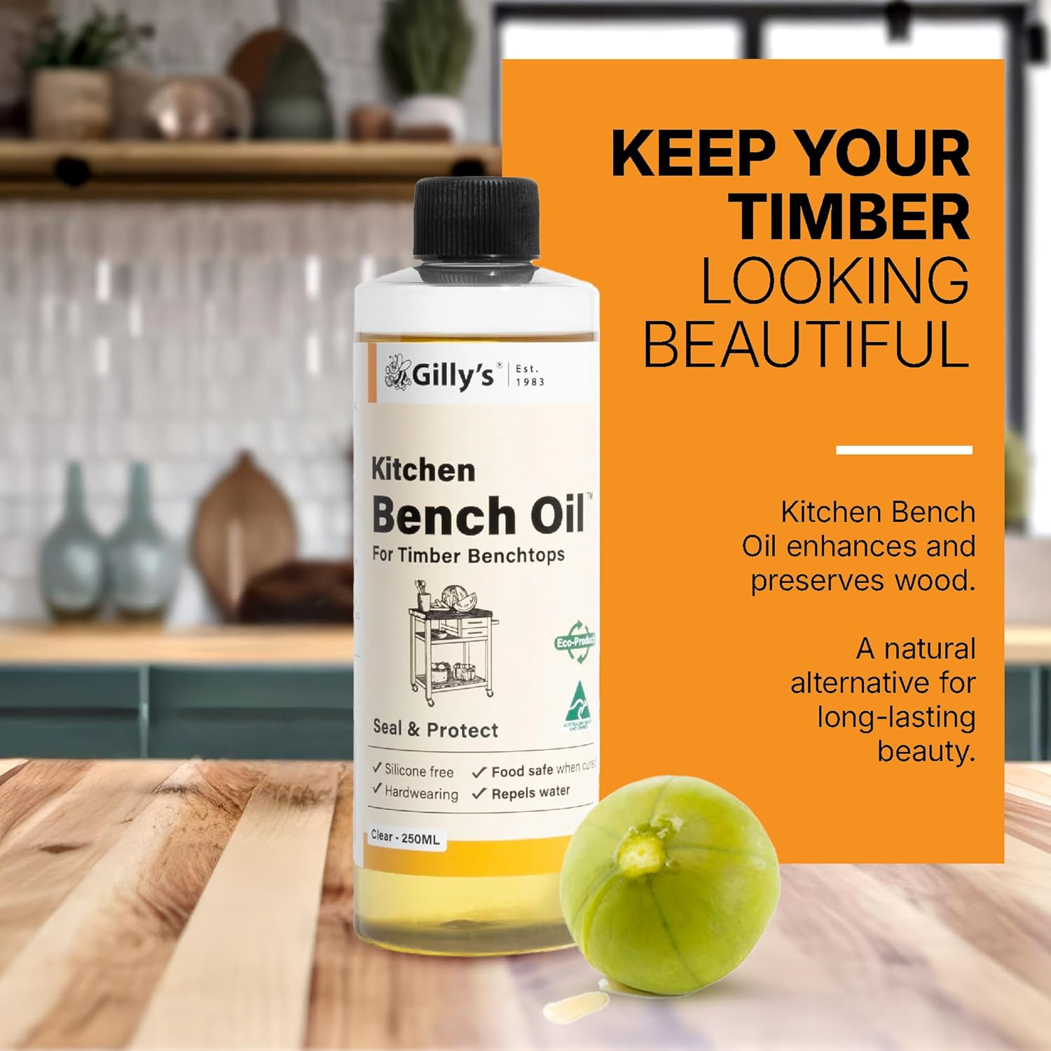 Gilly'S Kitchen Bench Oil 250Ml | Tung Oil-Based Natural Timber Sealer for Benchtops, Tables, Cabinets, and More | Water Repellent, Easy Maintenance, No Silicone or Synthetic Resins image number 1