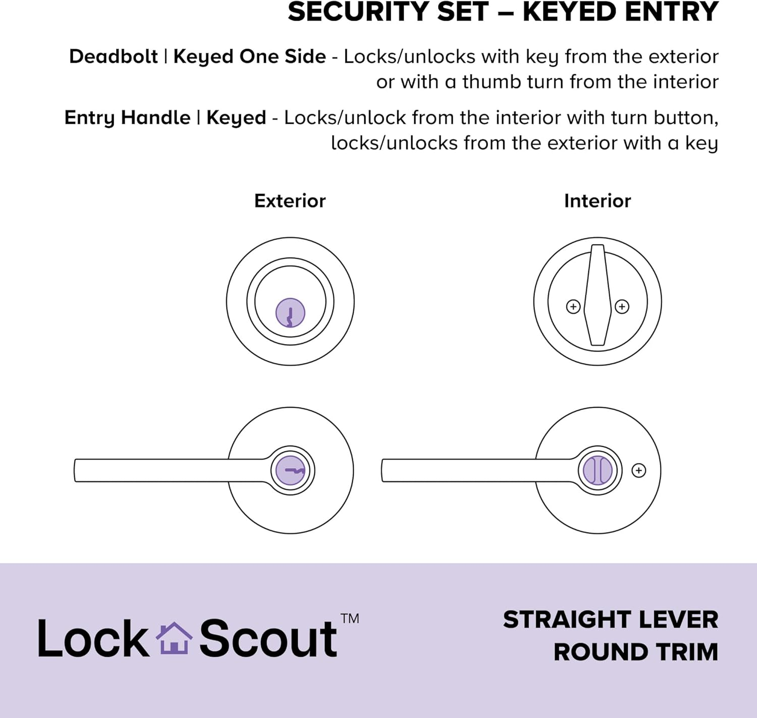 Lock Scout Straight Lever with round Trim Keyed Entry Door Handle and Single Cylinder Deadbolt, Satin Nickel Finish image number 1