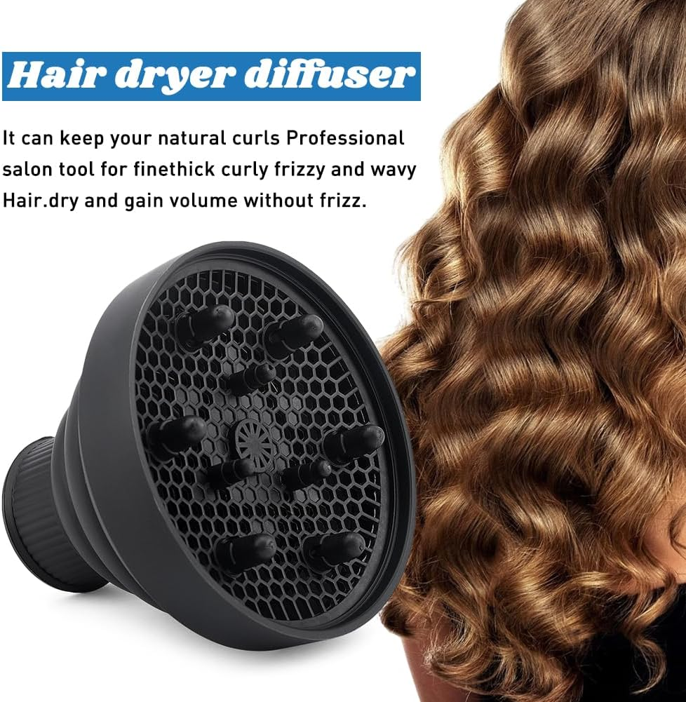 Universal Foldable Hair Dryer Diffuser, Travel Hair Dryer Diffuser Attachment with Comb, Portable Hairs Diffusers Blow Dryers Attachment for Natural Thick Hairs(Color:Black)
