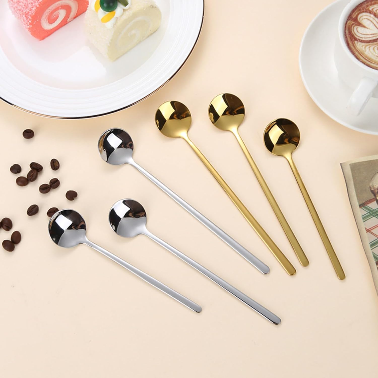 6 Pcs 6.7 Inches Coffee Spoons, Long Handle Iced Tea Spoon, Gold Espresso and Dessert Spoons, Food Grade Stainless Steel for Coffee Bar Accessories image number 4