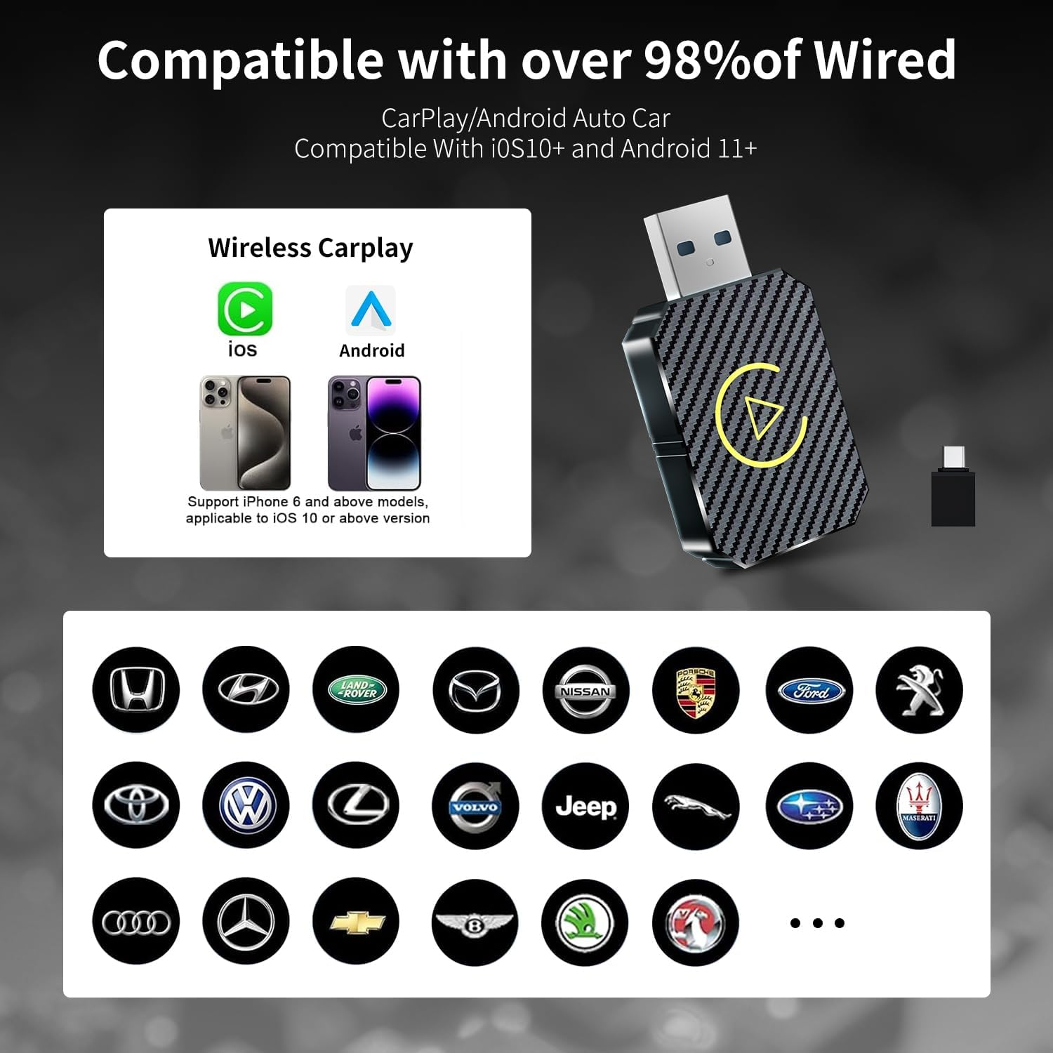 Wireless Adapter for Carplay, Adapter for Convert Wired to Wireless Carplay/Android Auto, Mini Size with Extension Cable USB, Stable Control & No Delay image number 3