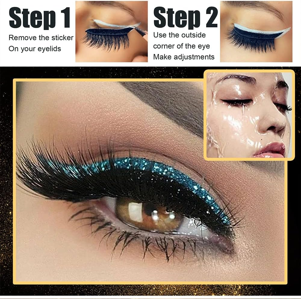 Fashion Reusable Eyeliner and Eyelash Stickers False Eyelashes Sequin Eye Shadow Blue