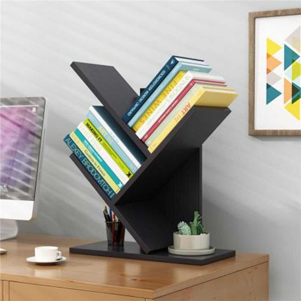 Hbluefat Book Tree Bookshelf, 3-Tier Wood Tree Small Bookcase for Desk Displaying Books, Cds, Magazines and More at Office, Home and School (Black Walnut)