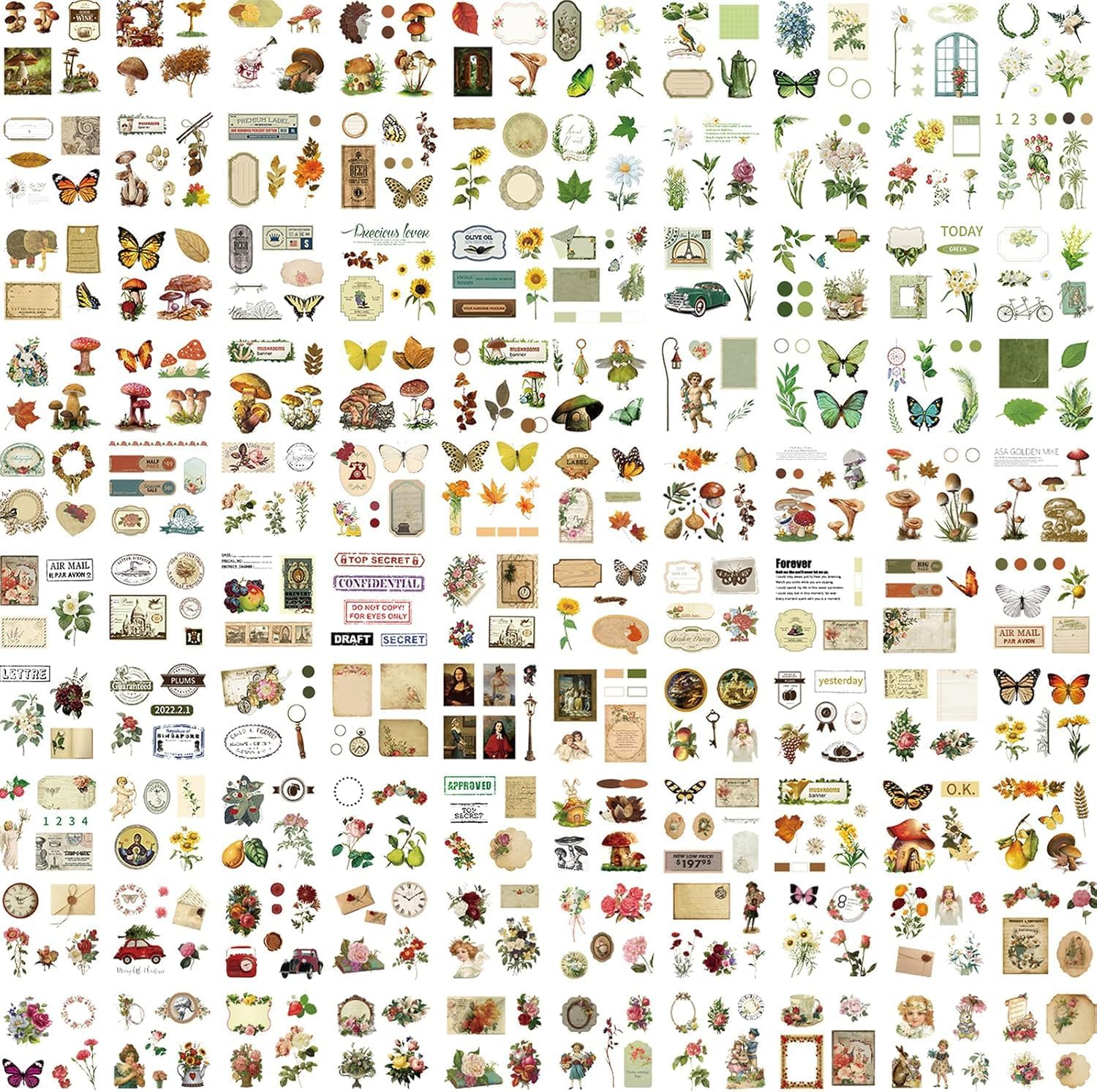 PQCLXUYA 510PCS Plants Floral Scrapbook Stickers Kit,Vintage Flowers Butterfly Mushroom Fall Maple Leaves Transparent Waterproof Stickers Set for Craft Card Notebook Diary DIY Scrapbooking