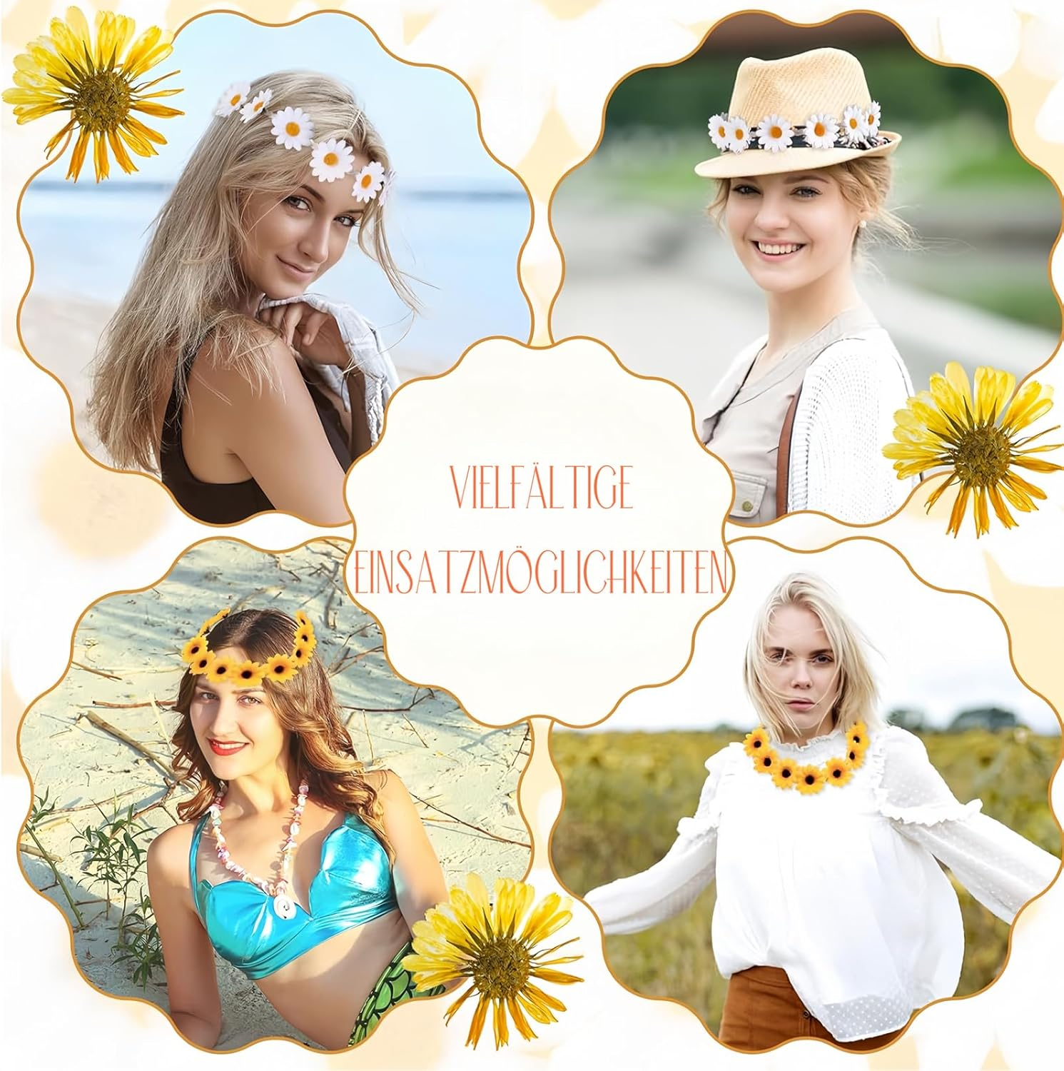 Ypkia Pack of 2 Sunflower Headbands + 2 Pieces Daisy Headbands Women'S Adjustable Bohemian Flowers Headdress for Carnival Party Costume Accessories image number 2