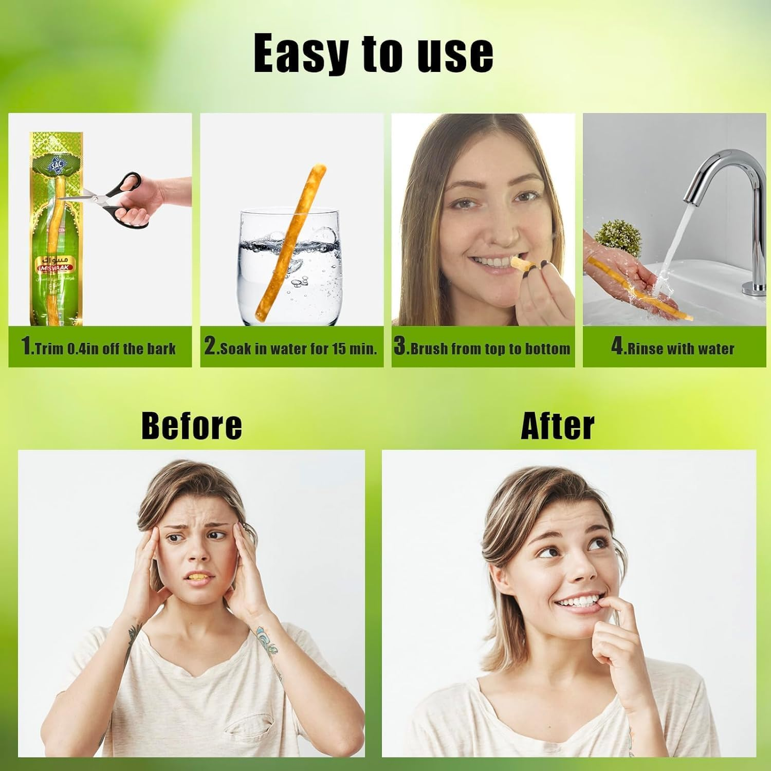 12 Pack Natural Miswak Toothbrush - Vacuum Sealed Traditional Toothbrush Stick - for Healthy Teeths,Gums and Fresh Breath (Mint Flavor) image number 4