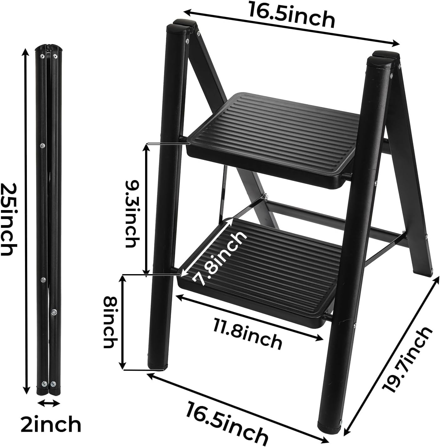 2 Step Ladder, Folding Stool with 20CM Widened Pedal, Lightweight Carbon Steel for Adults, 330Lbs Load Capacity for Home, Bedroom, Balcony, Living Room, Kitchen(2 Step Ladder)