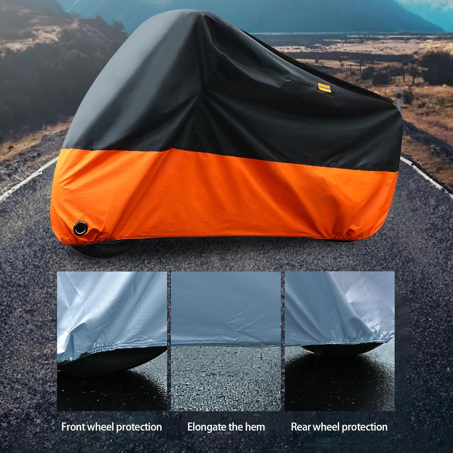 Waterproof Motorcycle Cover - Fits up to 70.3" (180 Cm) - Suitable for Yamaha, Harley, Honda, Suzuki, Kawasaki - Black Orange, Size M